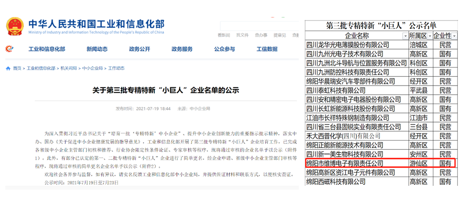 維博公司成功入選工信部專精特新 “小巨人”企業